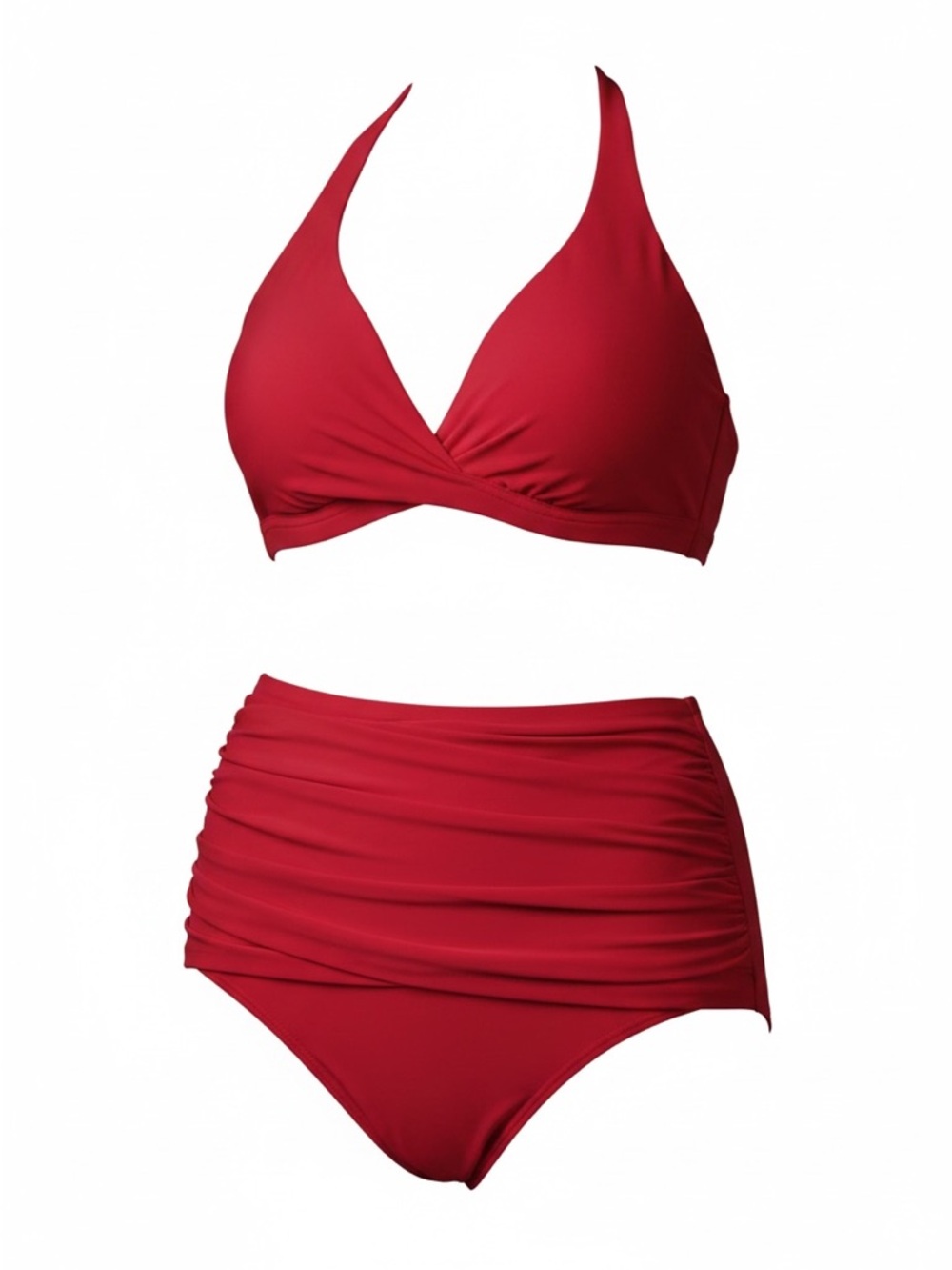 Ruched Red High-Waist Bikini Set - Women's Swim